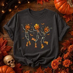 Halloween Pumpkin Skeleton Cowgirl Graphic Tee Oversized Spooky Western Shirt